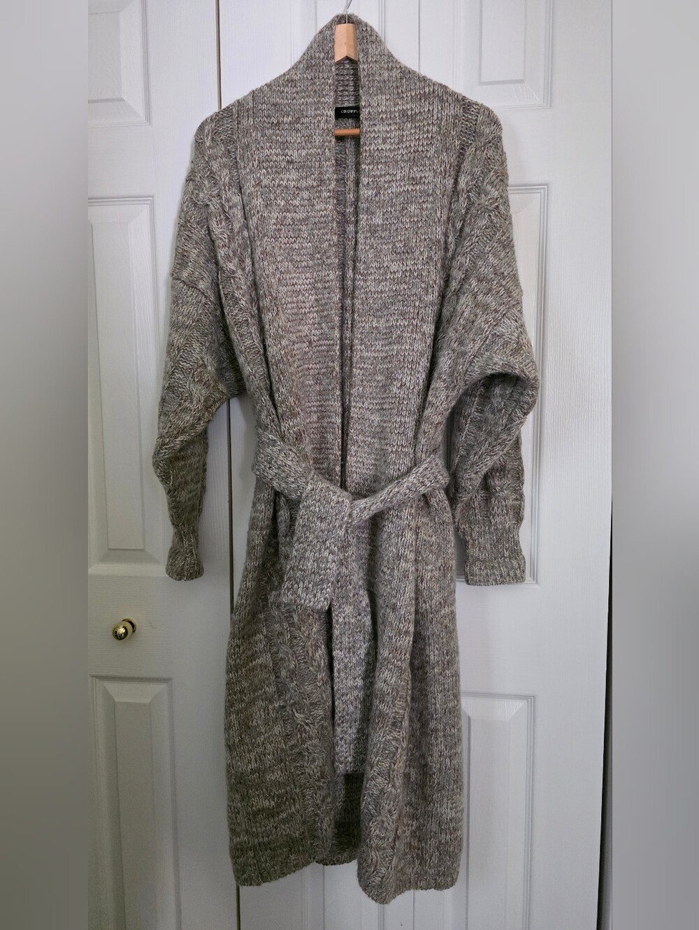 Mohair Wool Blend Belted Long Taupy- Beige Cable Knit Cardigan L-XL - Picture 7 of 13